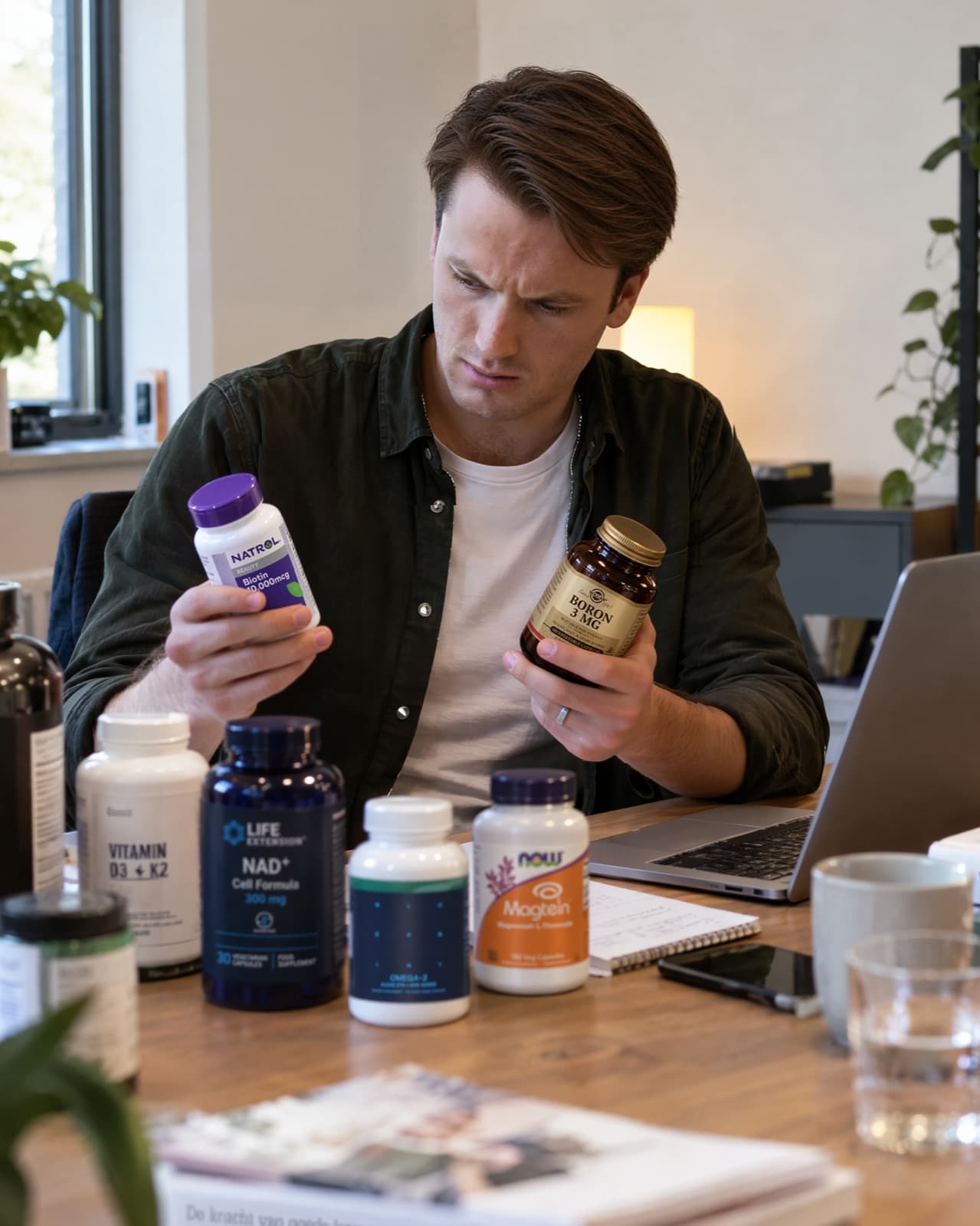 Leo vergelijkt twee potjes supplementen aan zijn bureau