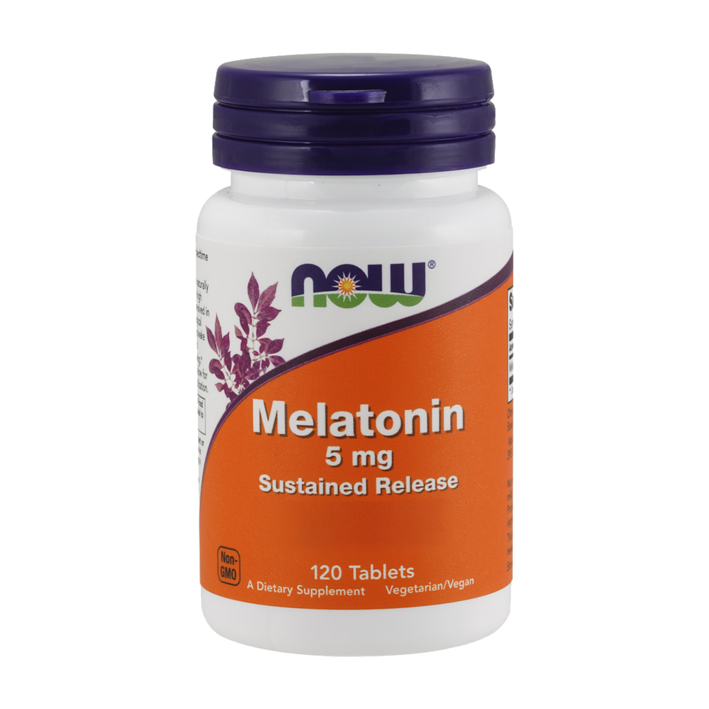 now foods melatonine 5mg geleidelijke afgifte 120 tabletten packshot voorkant