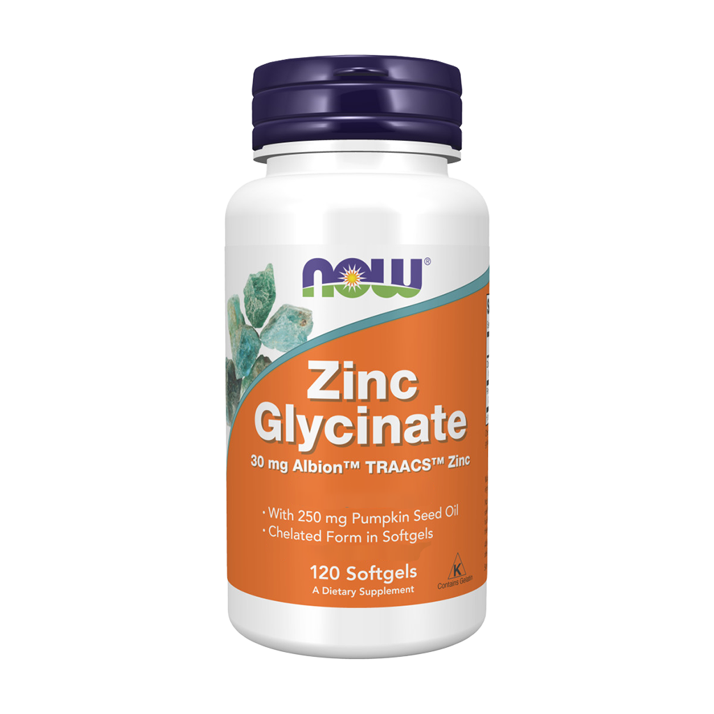 NOW Foods Zink glycinaat 30 mg (120 softgels) Voorkant