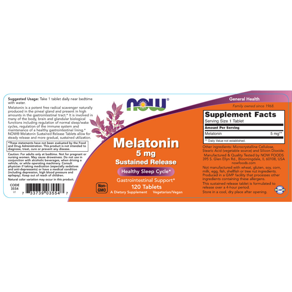 now foods melatonine 5mg geleidelijke afgifte 120 tabletten label