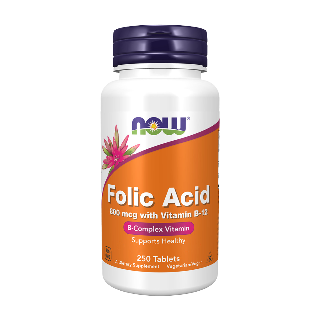 now foods foliumzuur 800mcg met vitamine b12 250 tabletten packshot voorkant