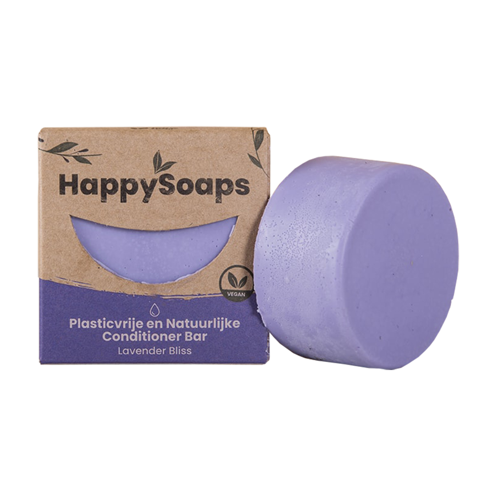 plasticvrije en natuurlijke conditioner bar tegen gele tinten lavender bliss milieuvriendelijke verpakking