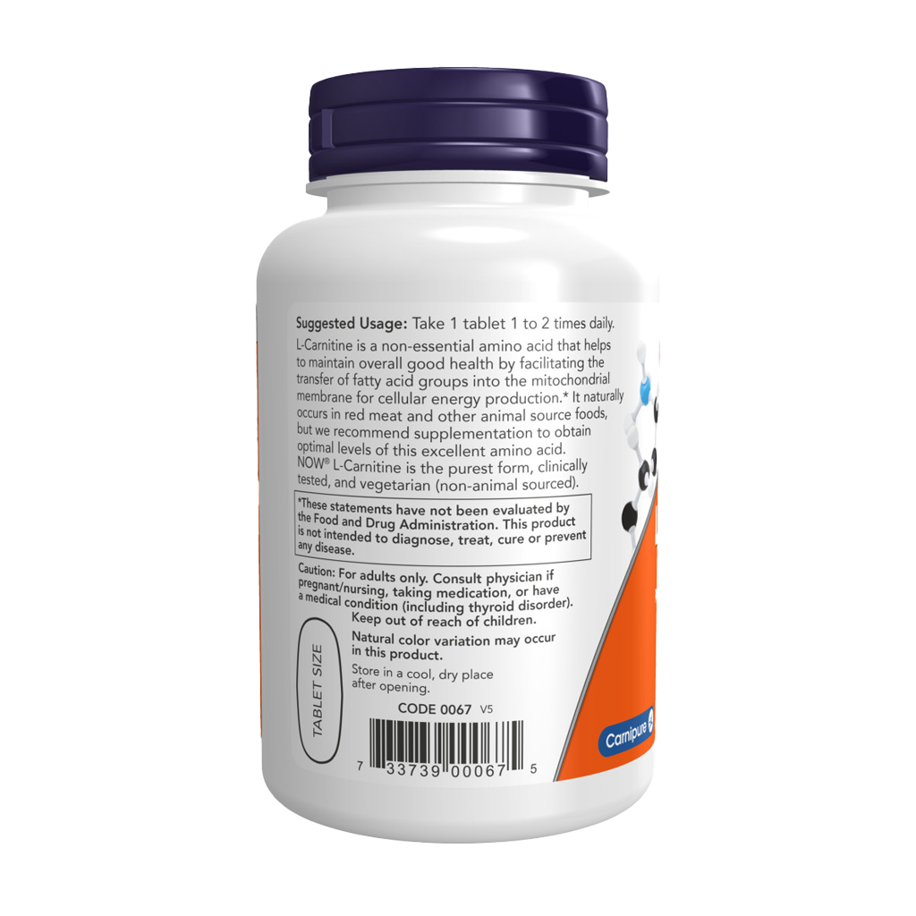 NOW Foods L-Carnitin 1.000 mg 50 tabletten Achterkant