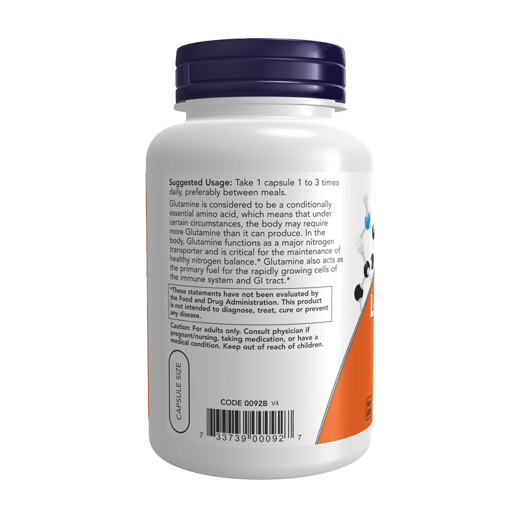 NOW Foods L-Glutamine 500 mg (120 capsules) Zijkant