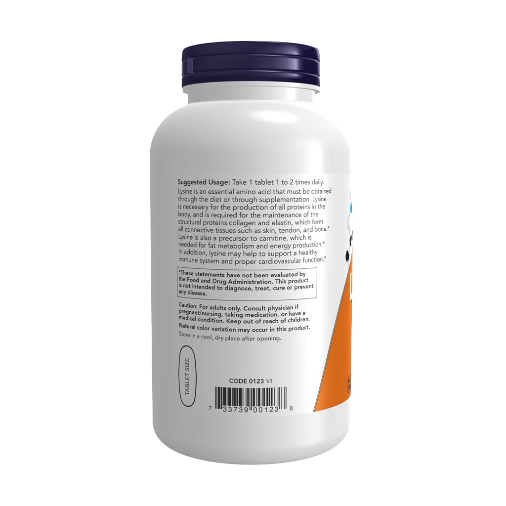NOW Foods L-Lysine Double Strength 1000 mg (250 tabletten) Zijkant