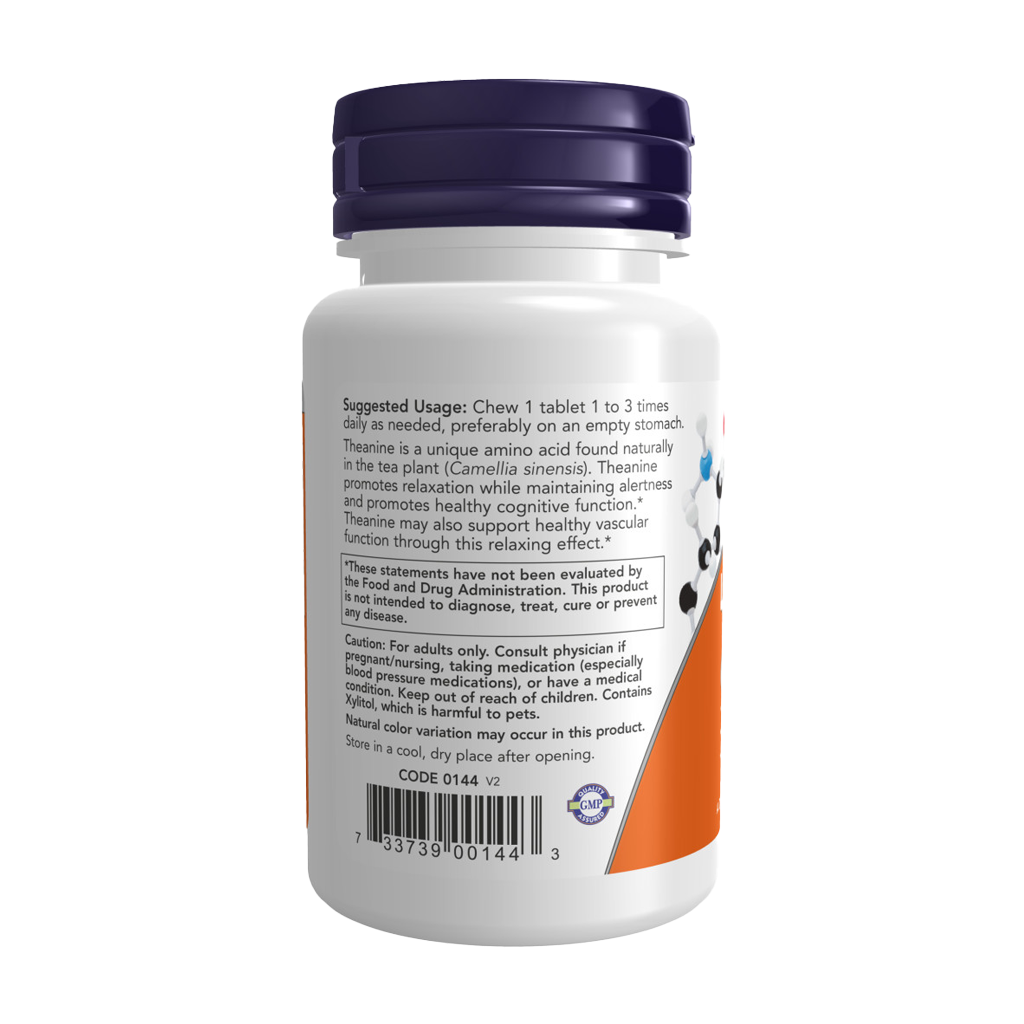 NOW Foods L-Theanine 100 mg met Inositol en Taurine - 90 tabletten achterkant